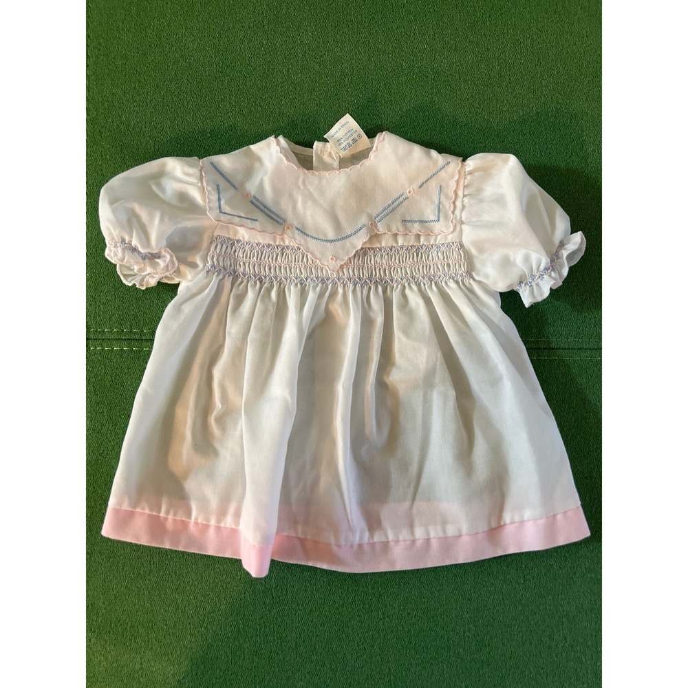 VTG l'azur Made in Spain  Little Angel Baby Girl Hand Smocked Dress Pink S 0-3M